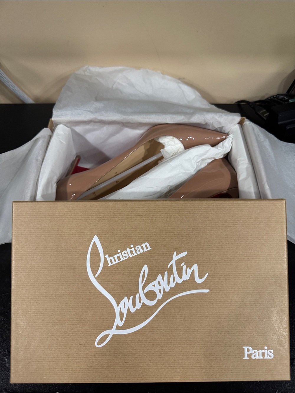 Christian Louboutin Patent Nude/Tan Pointed Toe Pumps